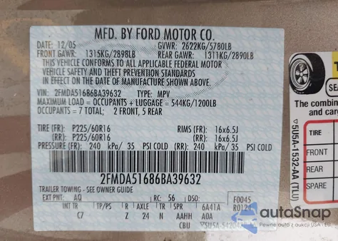 2006 Ford Freestar Se z USA, uszkodzony, nr VIN 2FMDA51686BA39632